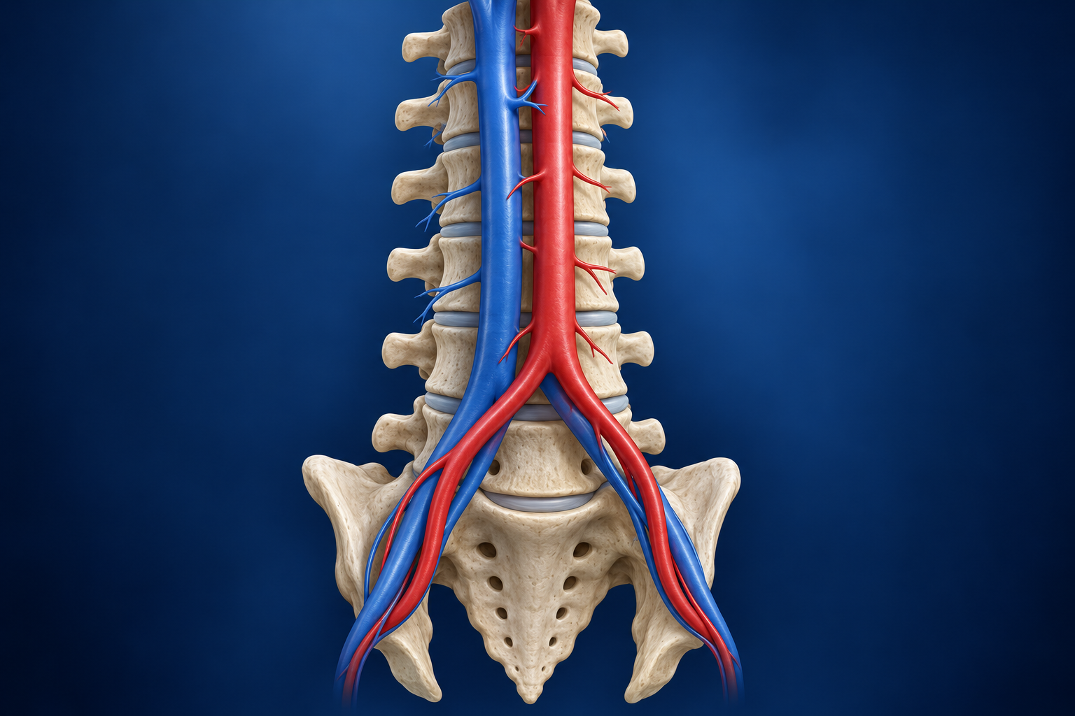 Three-dimensional anterior view of the lumbar spine with the aorta, inferior vena cava, and iliac vessels